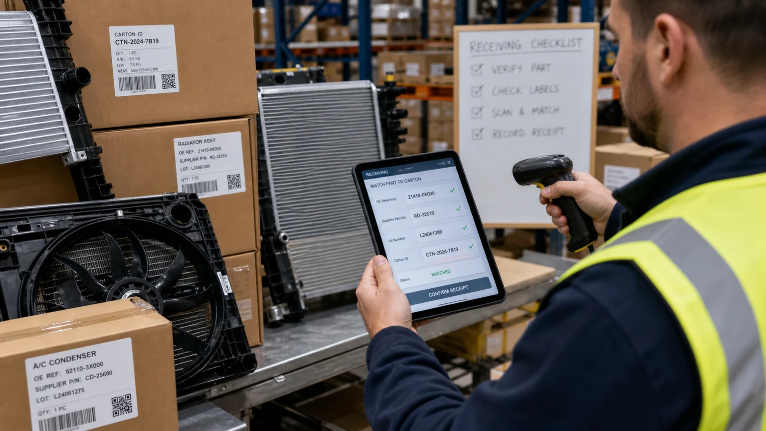 Warehouse worker matching cooling-part labels to carton and receiving records