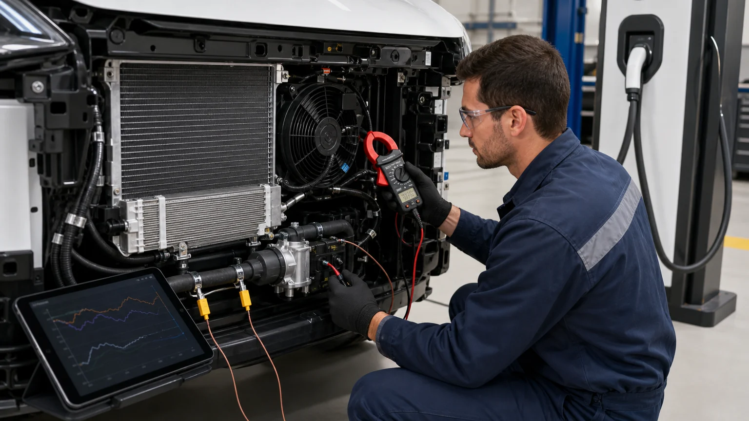 Technician measuring EV cooling-system pressure, temperature and current during fast charging