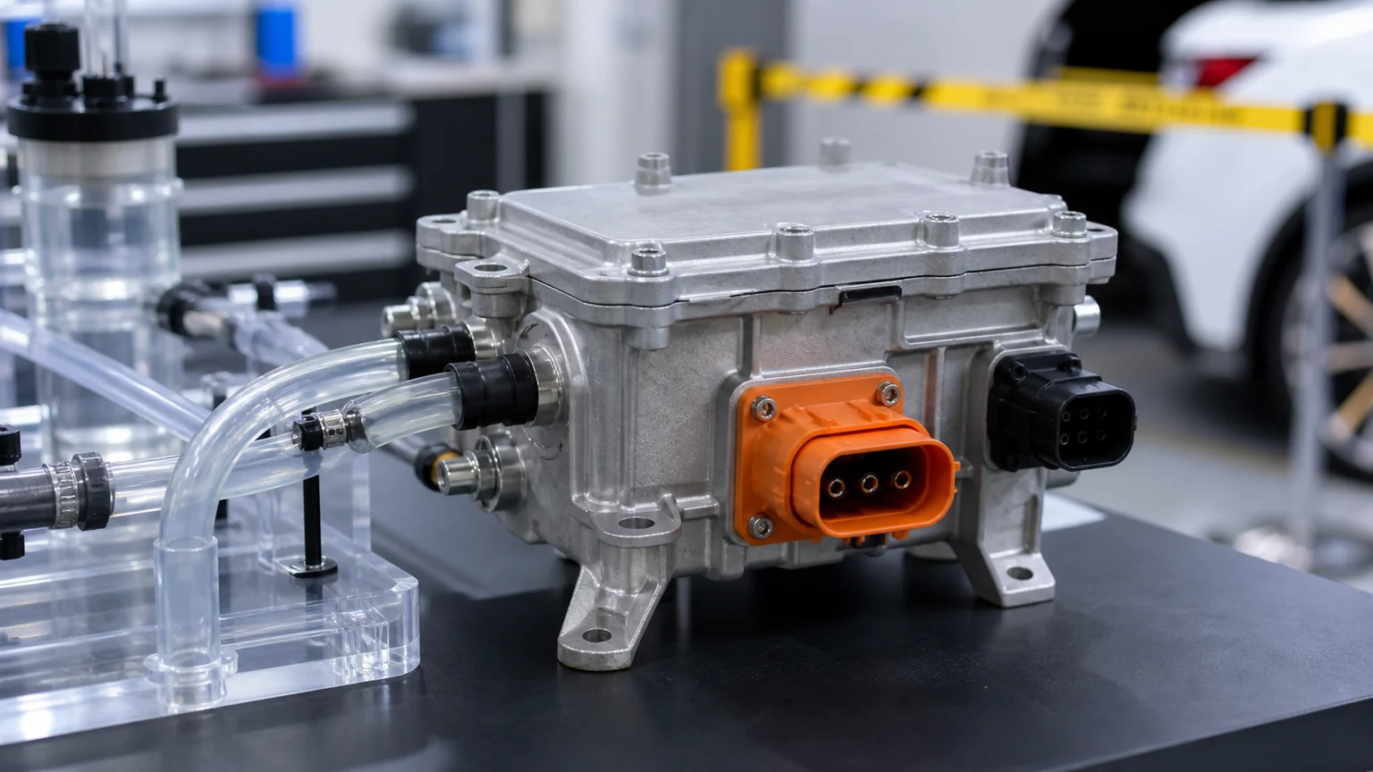 PTC coolant heater with high-voltage and coolant interfaces on an inspection bench