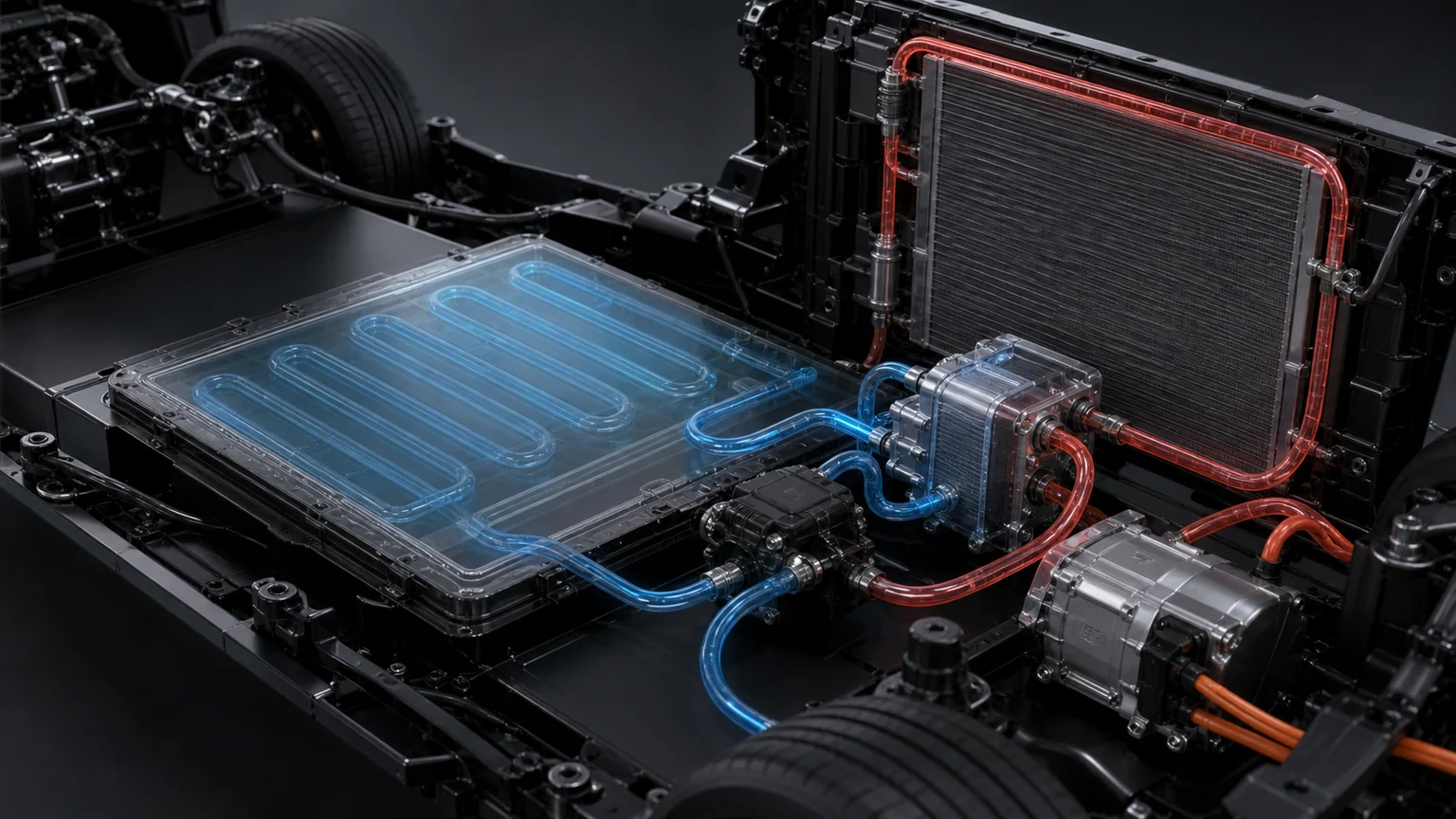 Electric vehicle dual-loop thermal system with battery chiller and front heat exchangers