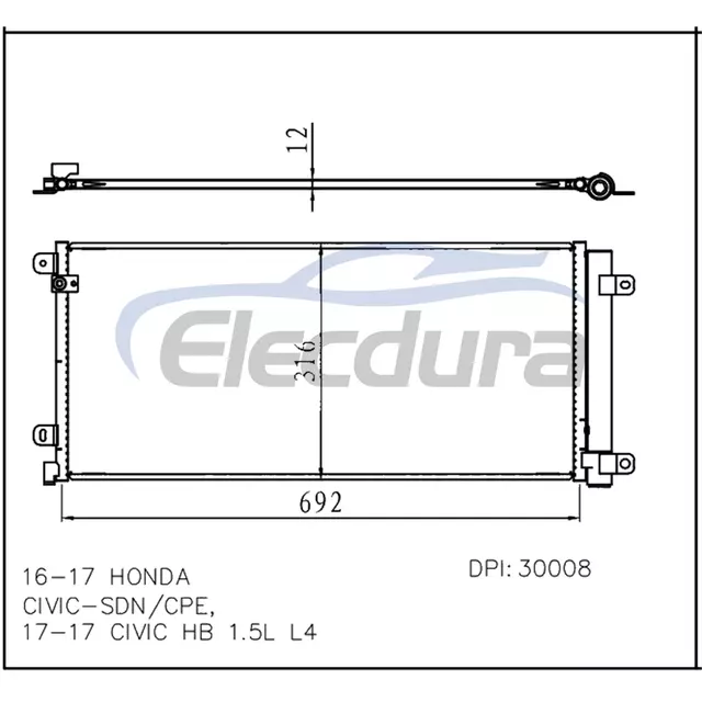 80100TBCA01 Honda Civic 2016-2017 Ensemble condensateur A/C Noyau 12 mm