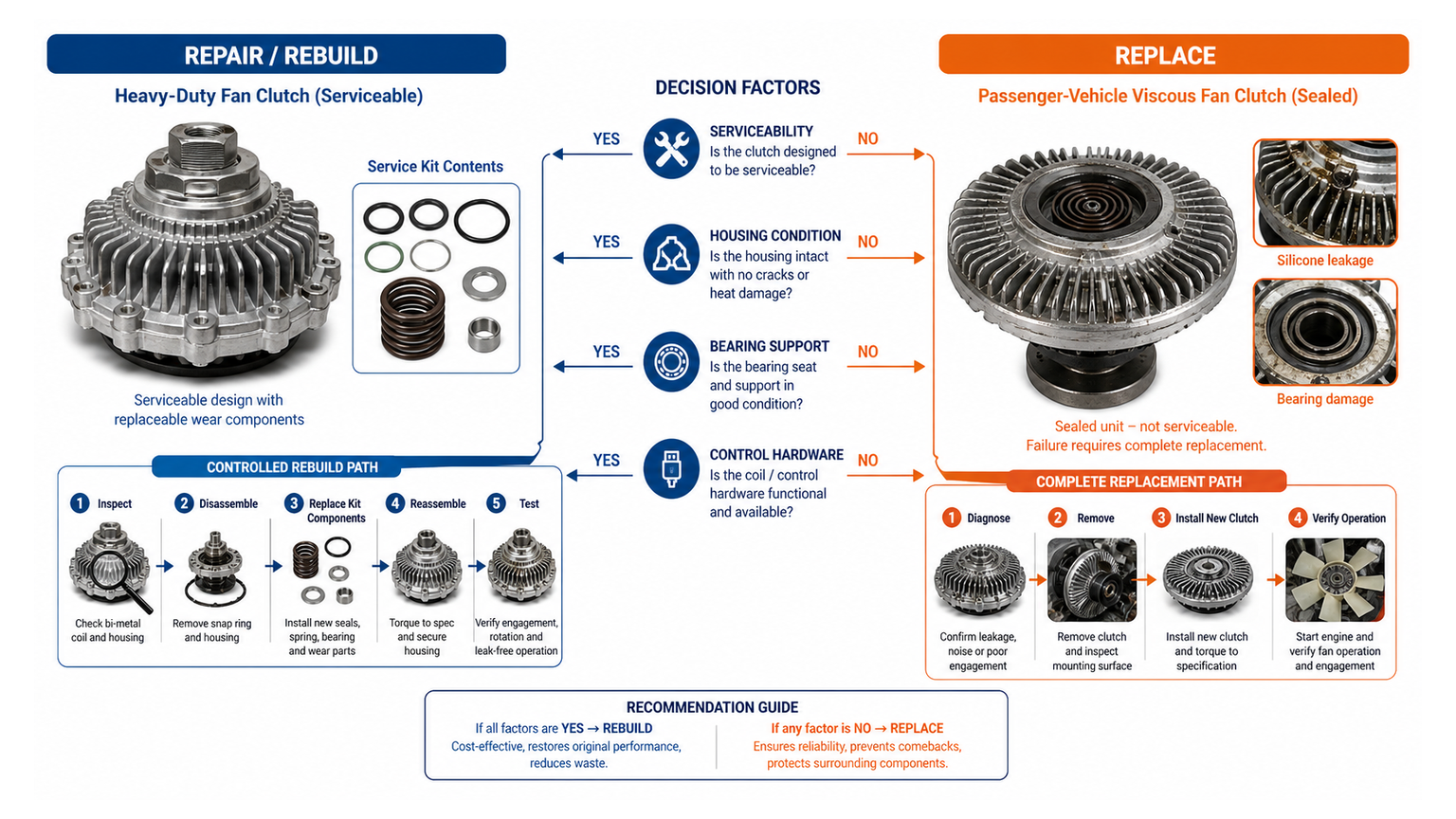 Sealed fan clutch replacement compared with a serviceable heavy-duty electronic fan clutch rebuild