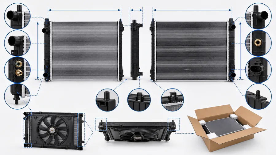 Radiator replacement matching diagram showing core size tank layout ports cooler connections mounts and fan shroud interface