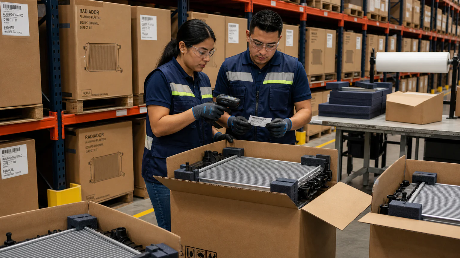Mexico automotive radiator distribution warehouse with staff picking direct-fit radiators and checking cartons against vehicle applications