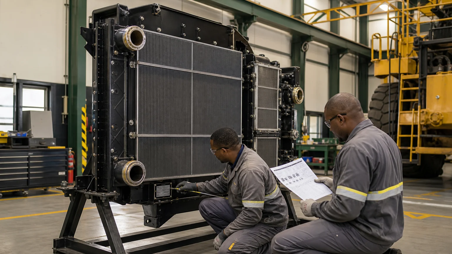 Protected mining radiator cooling packs in service-exchange dispatch racks with traceability and safe handling preparation