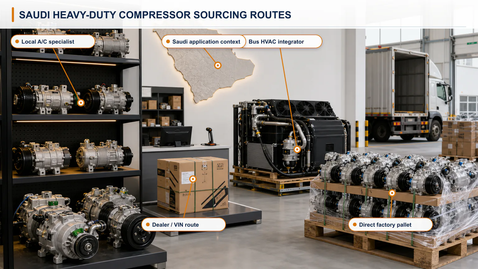 Decision matrix comparing Saudi heavy-duty AC compressor specialist, wholesaler, authorized dealer and direct manufacturer routes