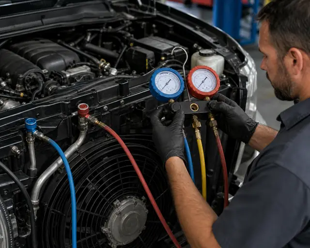 Manifold gauges connected to a car AC system while checking low-side and high-side pressure near the condenser fan