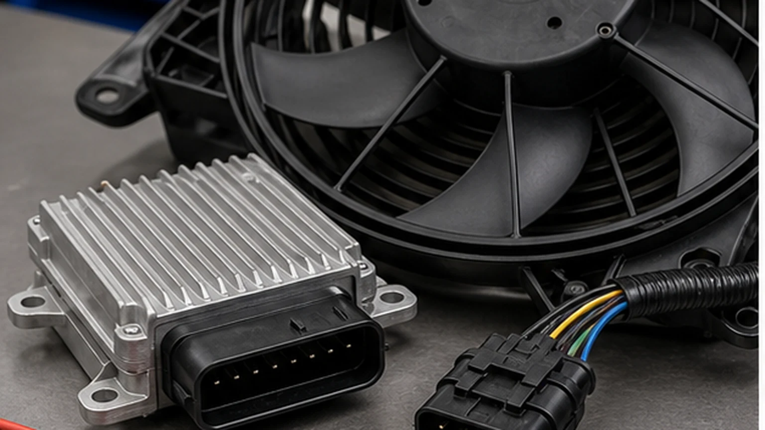 Modul kontrol kipas pendingin dan rakitan kipas radiator disiapkan untuk pengujian daya dan ground yang dimuat