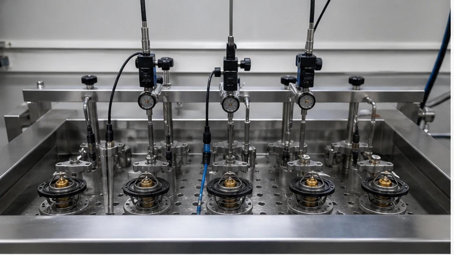 Multiple engine thermostats held in a circulated heated-fluid quality test jig with calibrated temperature probes