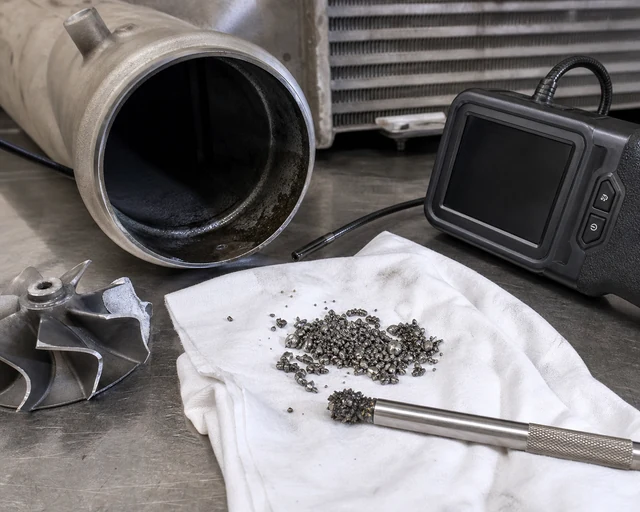 Metal debris collected from charge air cooler pipe after turbo compressor failure