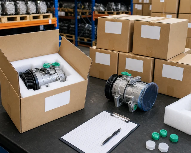 A/C compressor bulk packaging quality control with foam inserts and capped ports