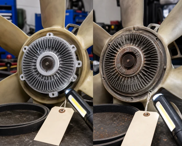 Fan clutch comparison showing clean and worn clutch faces for cold roar diagnosis
