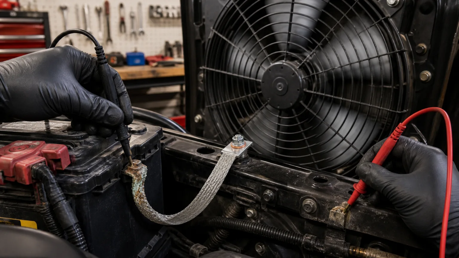 Technician performing loaded voltage drop tests on engine chassis battery and cooling fan ground paths