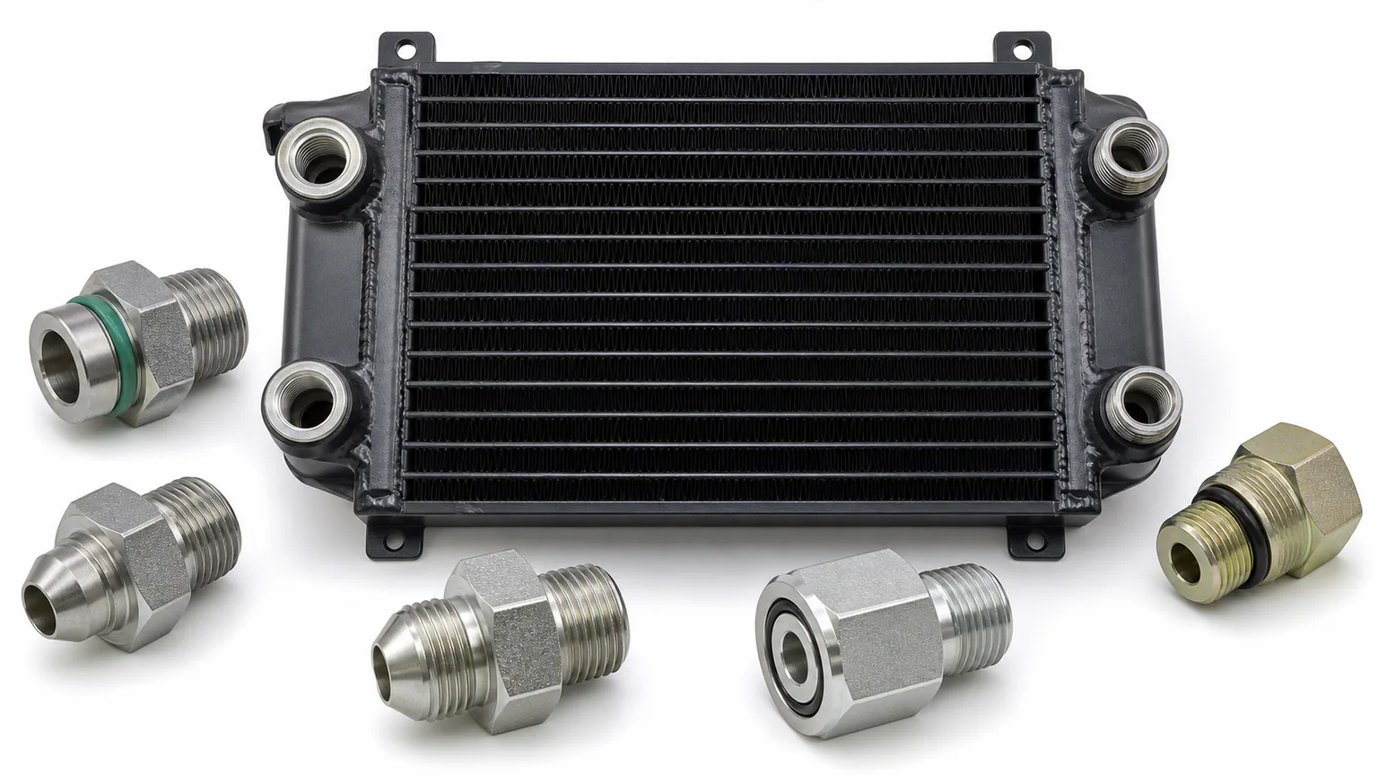 Hydraulic oil cooler with BSP JIC NPT ORFS and metric port adapters arranged for identification