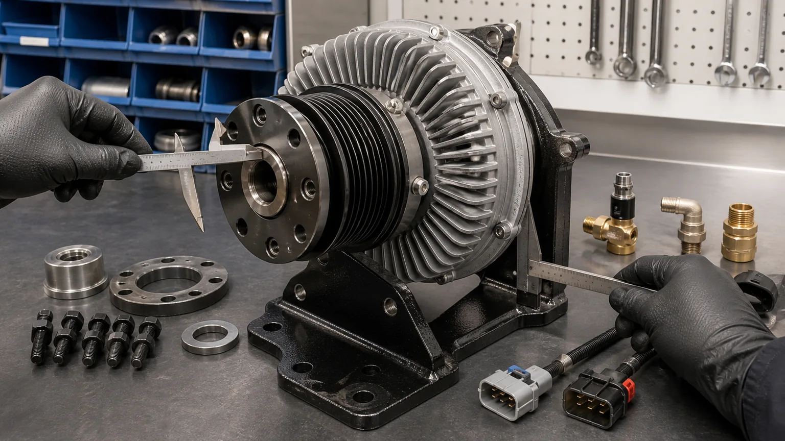 Fan clutch identification bench measuring pilot hub bolt circle pulley and electronic or air control connection