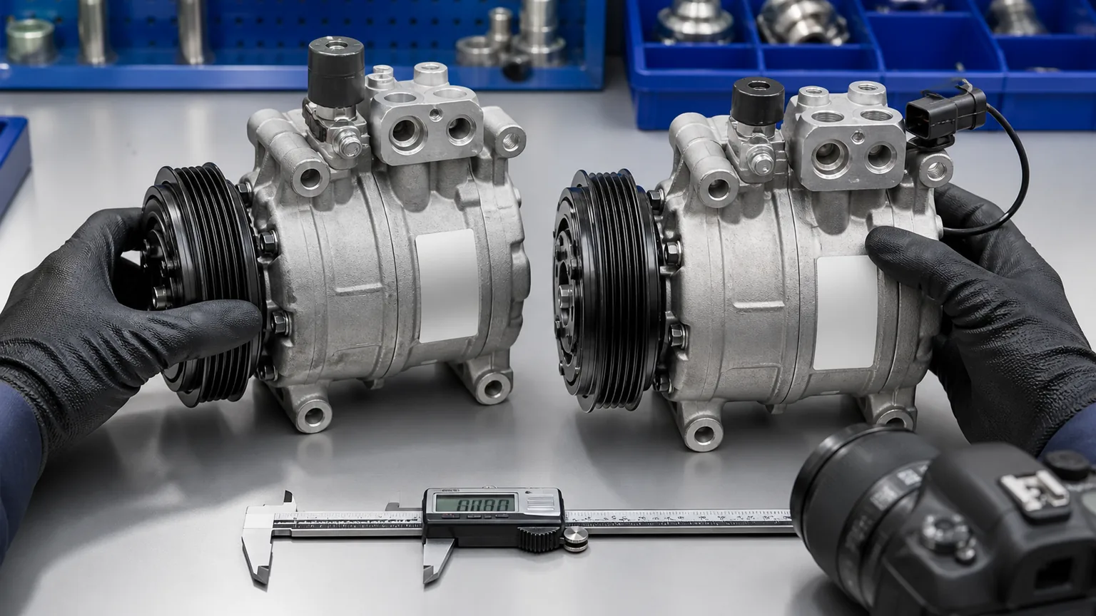 Technician comparing automotive compressor labels, pulley, mounting ears, ports, control valves, and connectors
