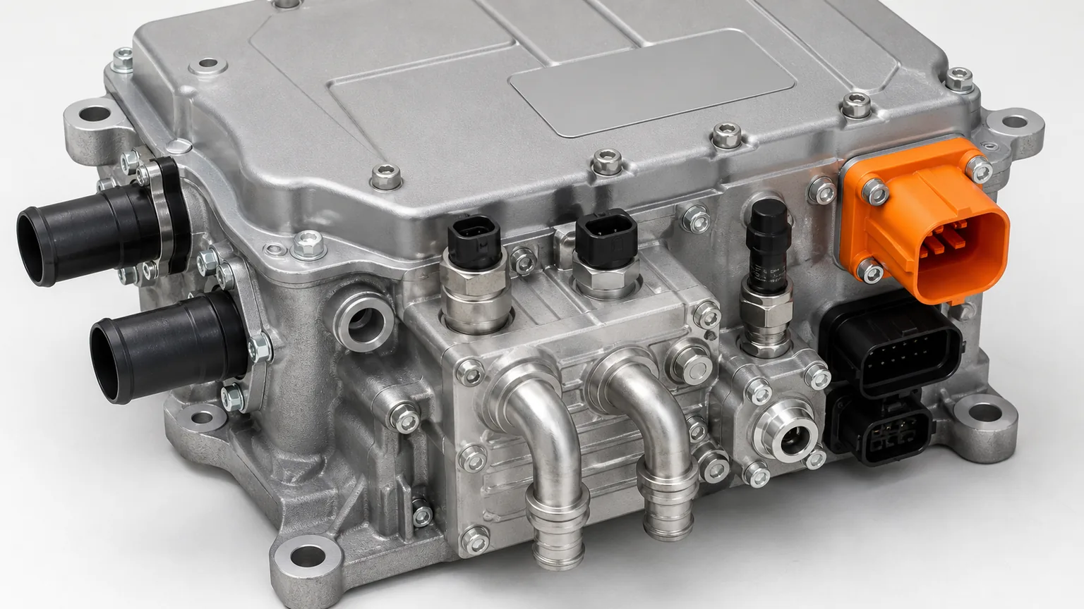 Close-up identification layout of thermal-module coolant ports, refrigerant connections, sensors, and keyed connectors