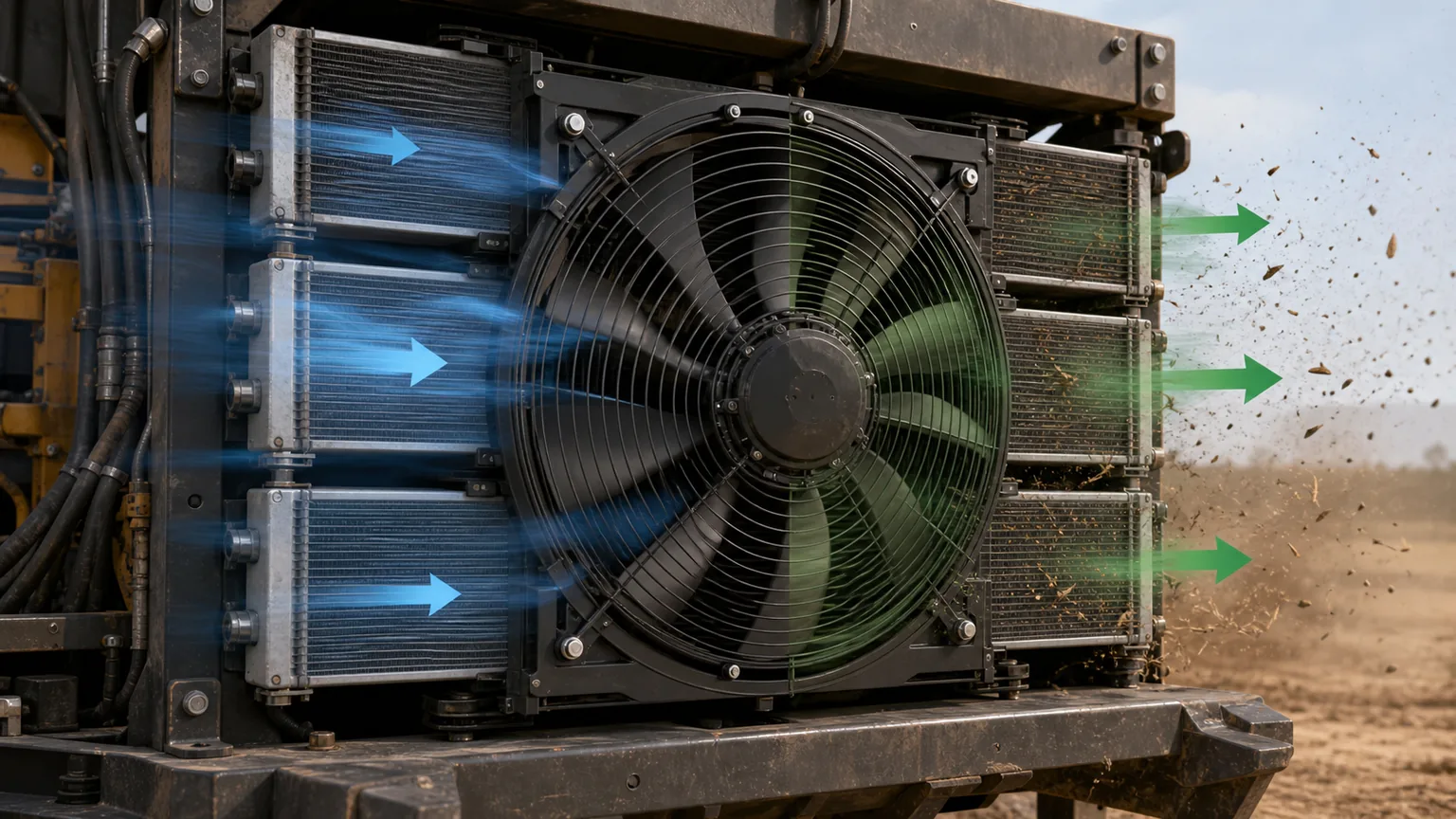 Technical airflow diagram showing normal cooling and reverse purge paths through an off-highway cooler stack