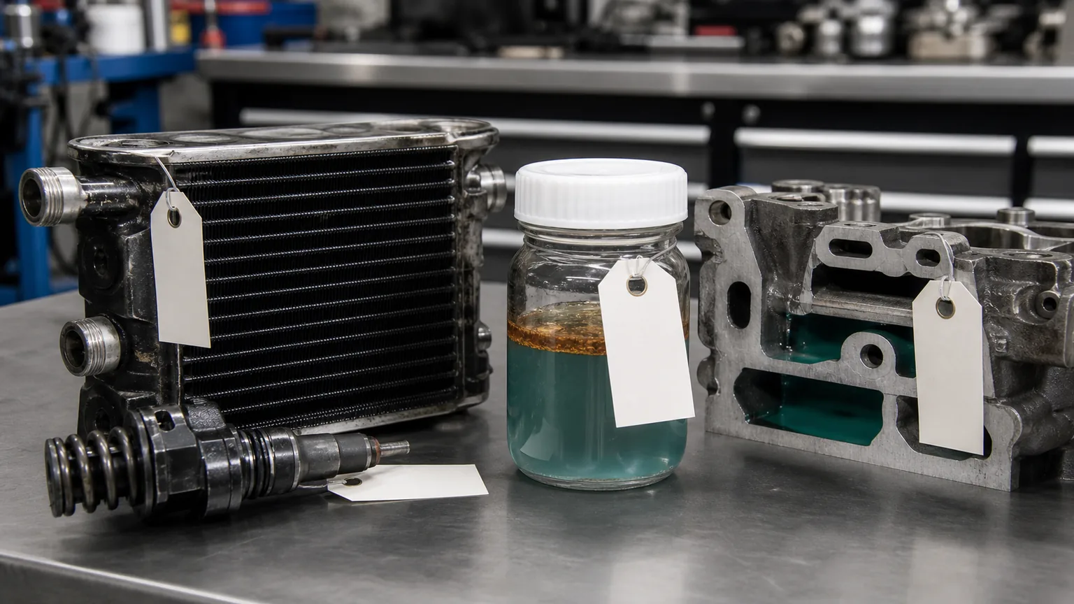 Sealed coolant sample with diesel fuel film beside labelled fuel cooler injector cup and cylinder head components