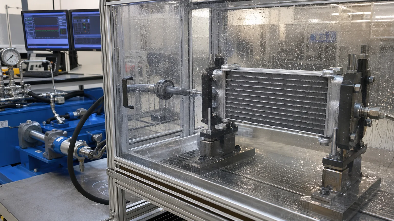 Guarded hydrostatic burst test for an oil cooler