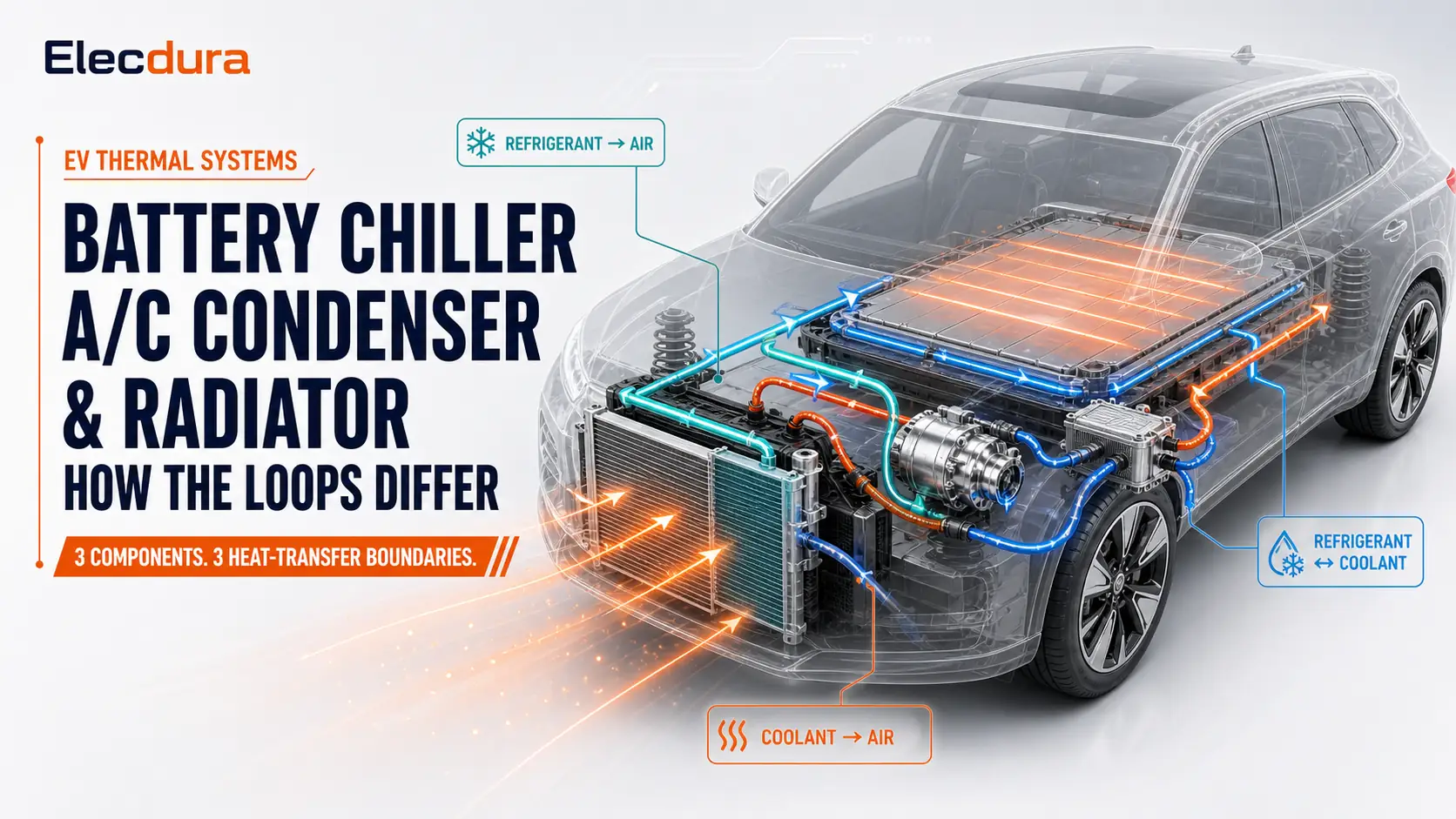 Battery Chiller, AC Condenser, and Radiator: How EV Thermal Loops Differ