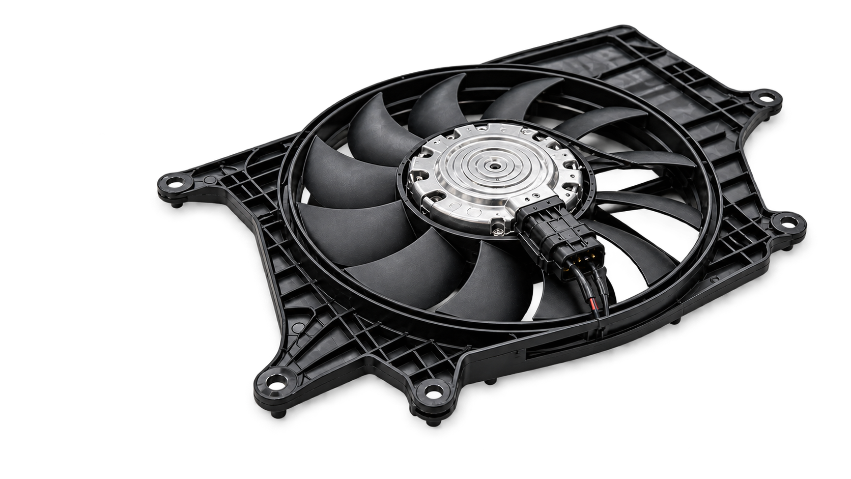 Complete radiator cooling fan assembly showing the shroud, fan, motor and connector
