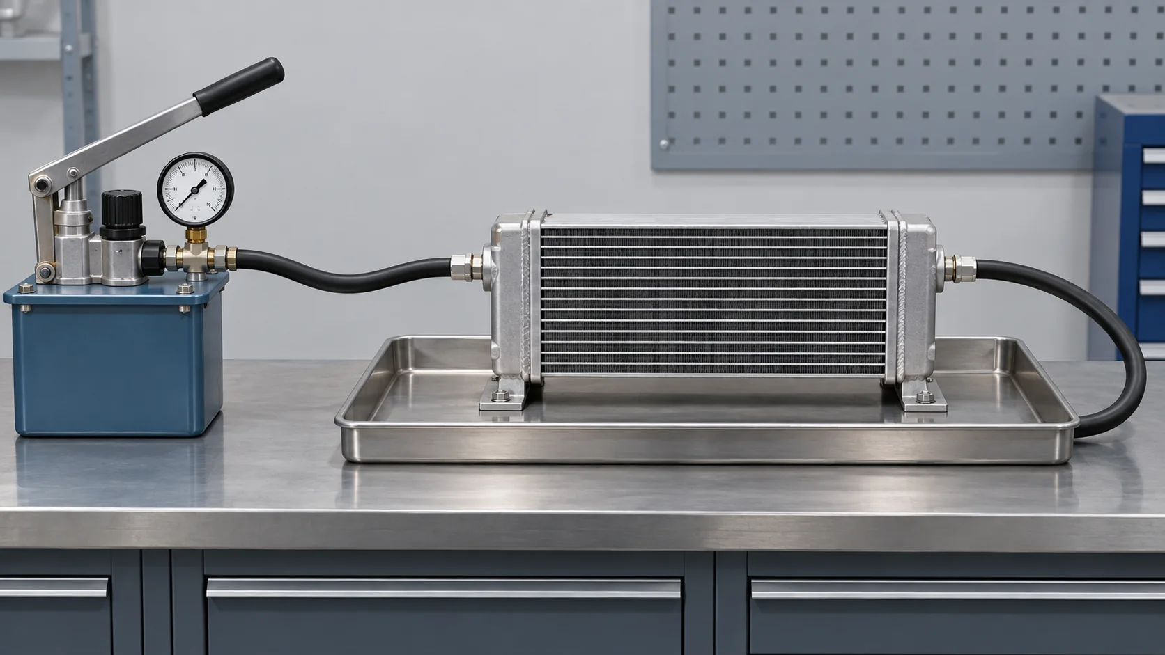 Two-port oil cooler connected to a closed pressure hold test circuit on a quality inspection bench