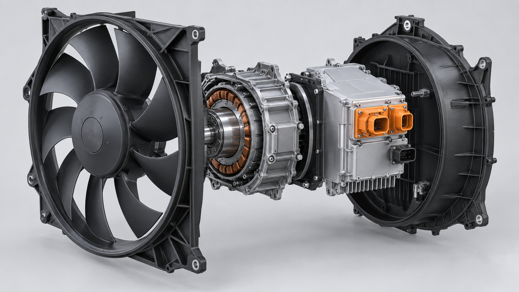 Exploded high-voltage electric truck eFan with motor, inverter, connectors, and shroud