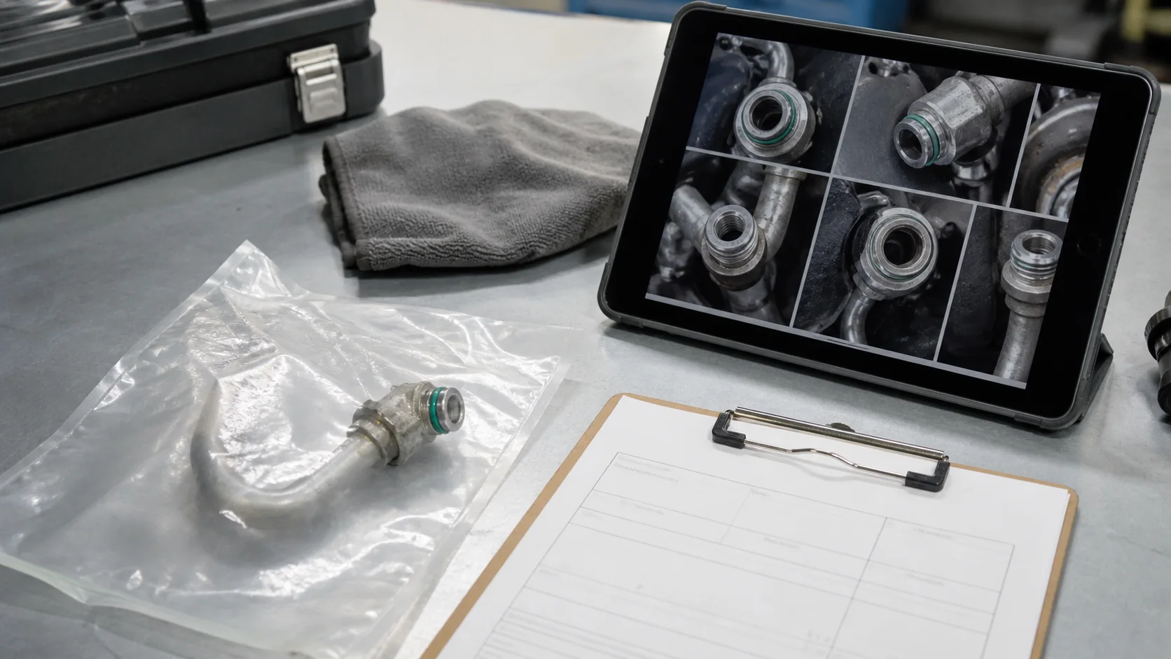A/C line fitting, image record, and service form arranged for a claim file