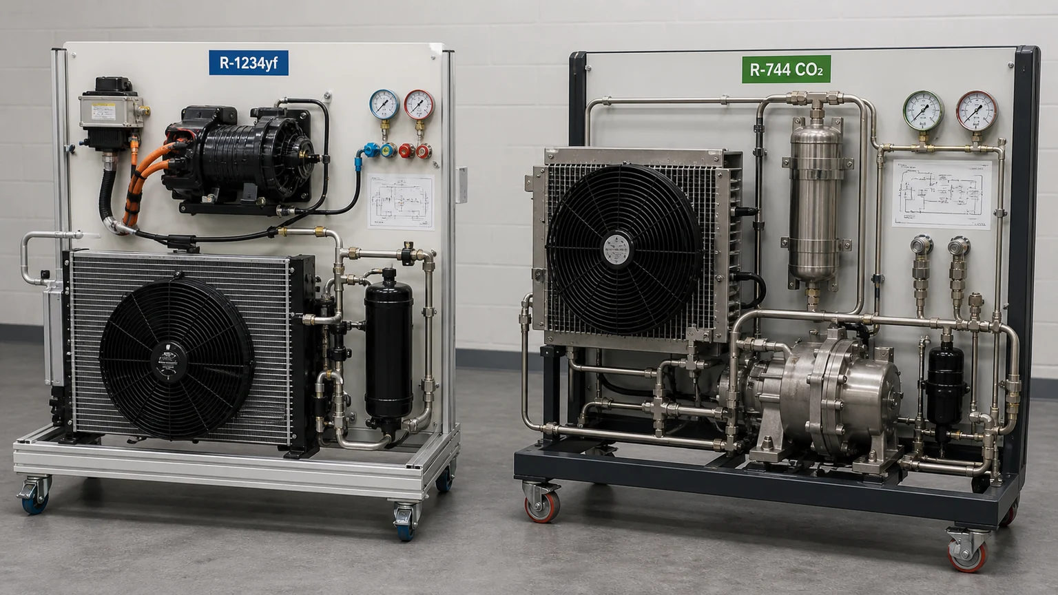 Separate R-1234yf and R-744 CO2 mobile air-conditioning training rigs