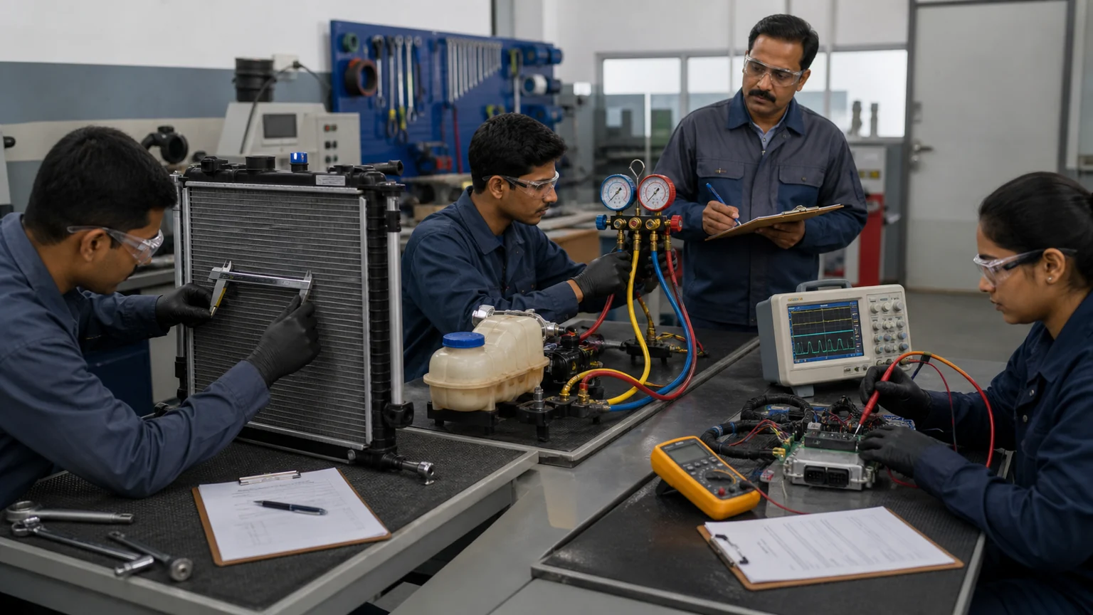 Trainees practising radiator measurement pressure diagnosis and electrical signal testing