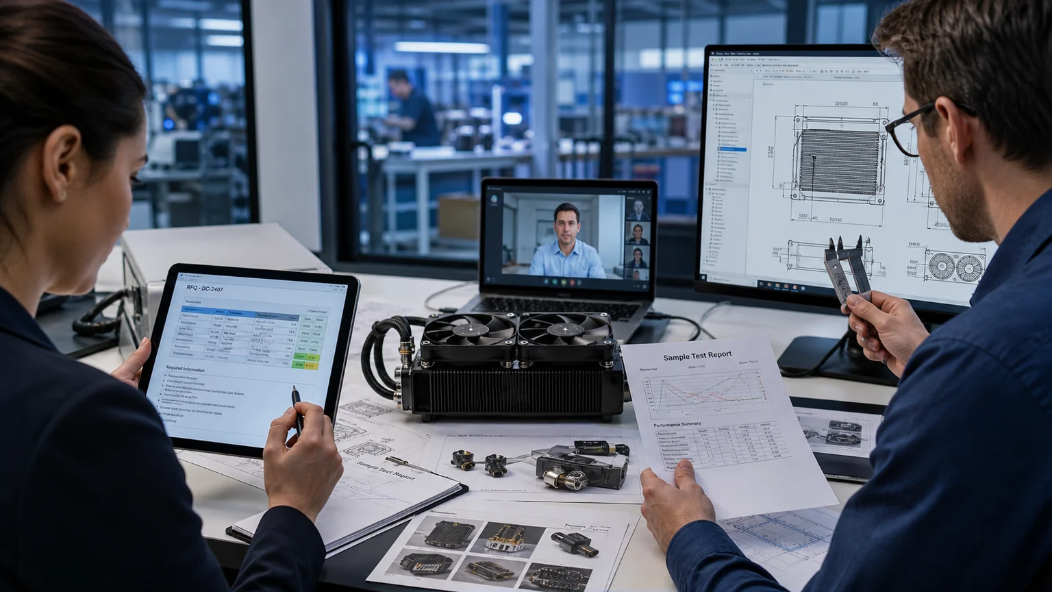 Buyer and engineer reviewing RFQ CAD dimensions samples and validation reports