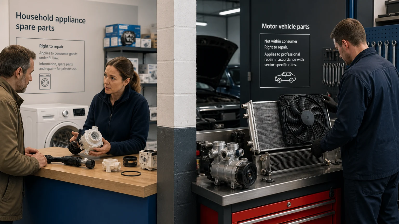 Household appliance repair context compared with professional automotive cooling-parts service