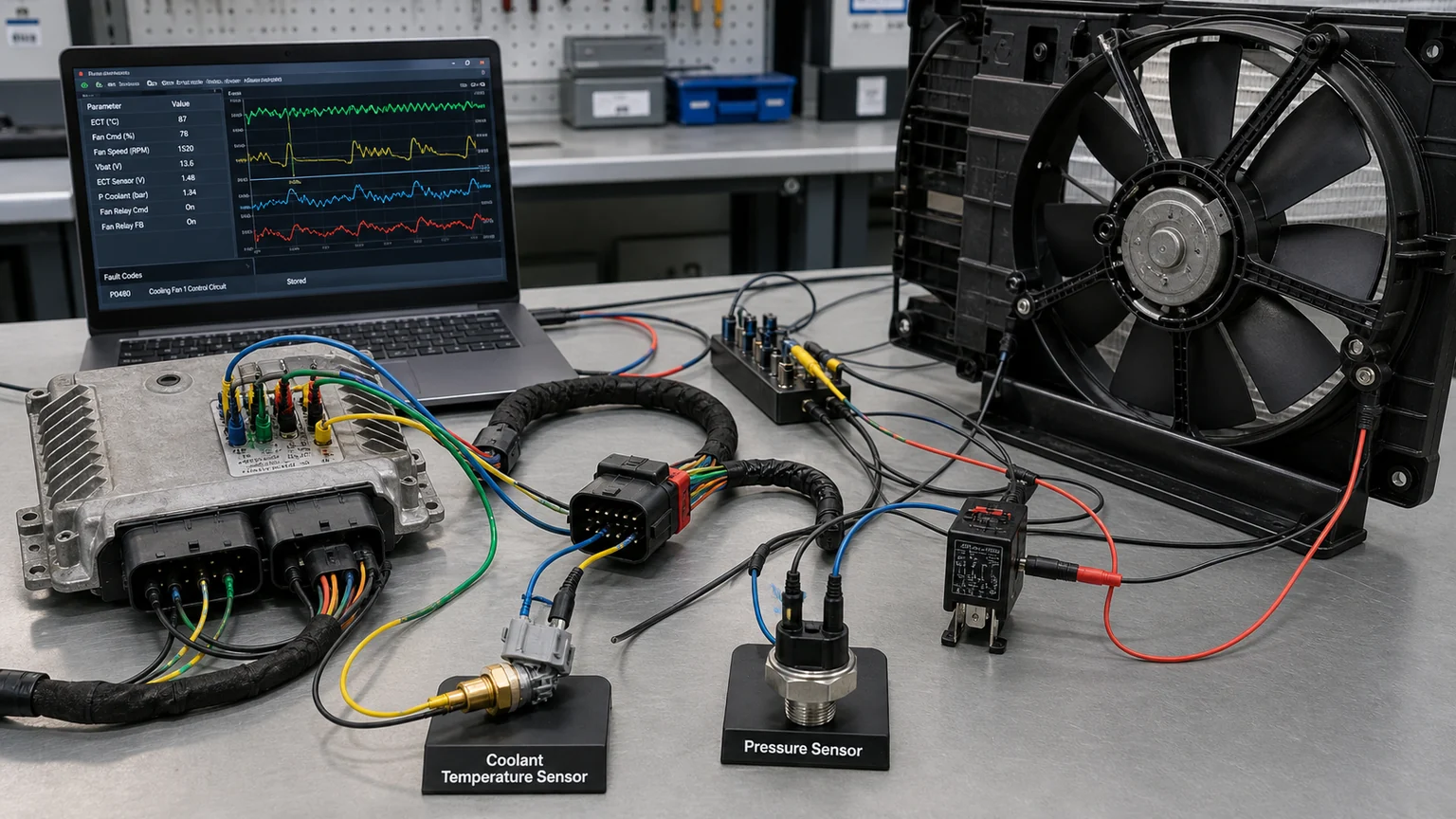 Diagnostic bench linking controller sensors relay and radiator fan module