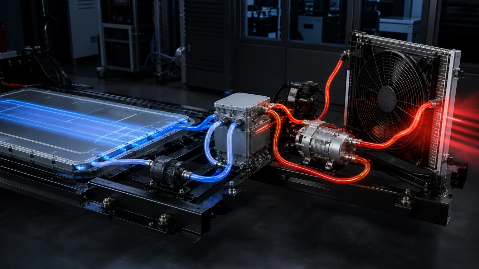EV fast-charging heat path from battery through coolant and refrigerant circuits