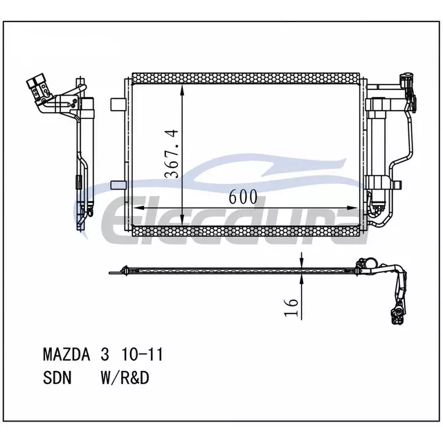 BBP261480C Mazda Mazada 3 2010-2013 A/C kondensator med modtager/t&oslash;rrer 16 mm kerne