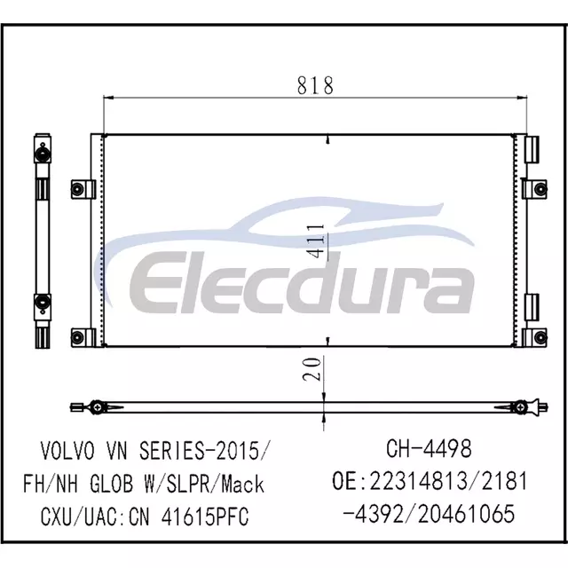 22314813 Volvo Vn Series 2015+ A/C Condenser 20mm Core