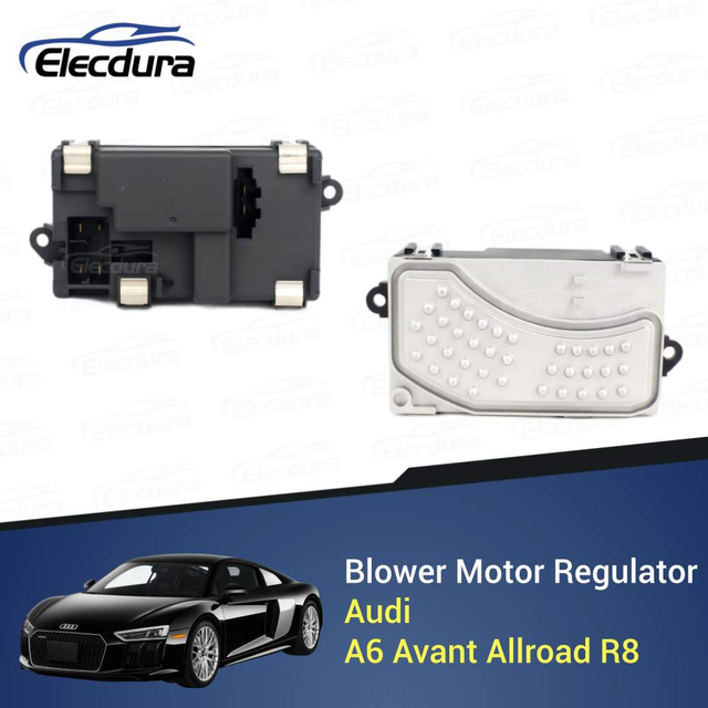 OE-standard 4F0820521A 6-pin blower motor regulator with aluminum heatsink for Audi A6 C6 and Audi R8.