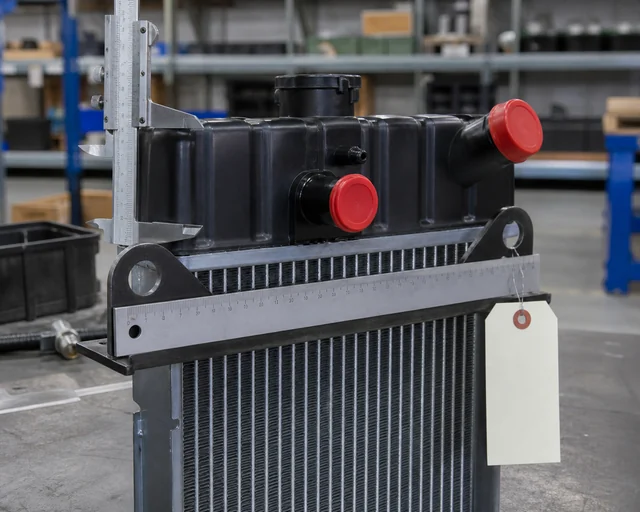 Radiator sample approval with caliper measurement of tank width and mounting hole pitch