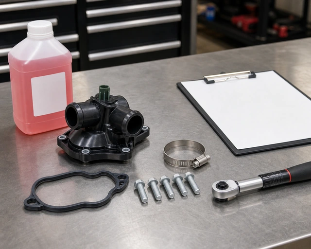 Thermostat housing leak repair parts laid out with gasket, bolts, coolant, and torque tool