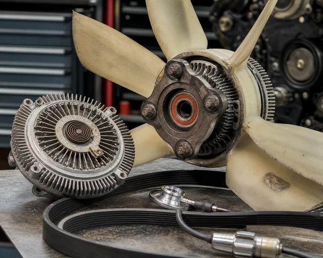 Mechanical fan clutch and fan blade hub inspected for bearing play and vibration sources