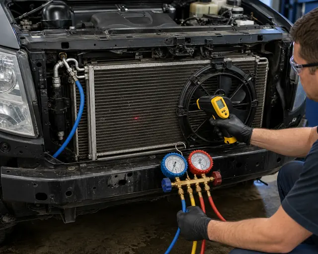 Condenser fan and airflow check during AC pressure diagnosis with manifold gauges connected