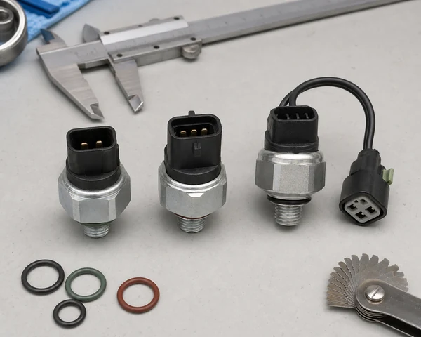 Binary switch pressure sensor and trinary switch compared by connector pin count thread and O-ring seal