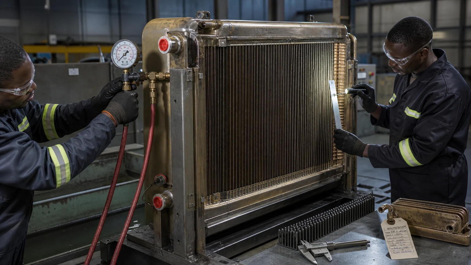 Heavy-duty radiator workshop performing controlled pressure testing, core inspection and seam checks