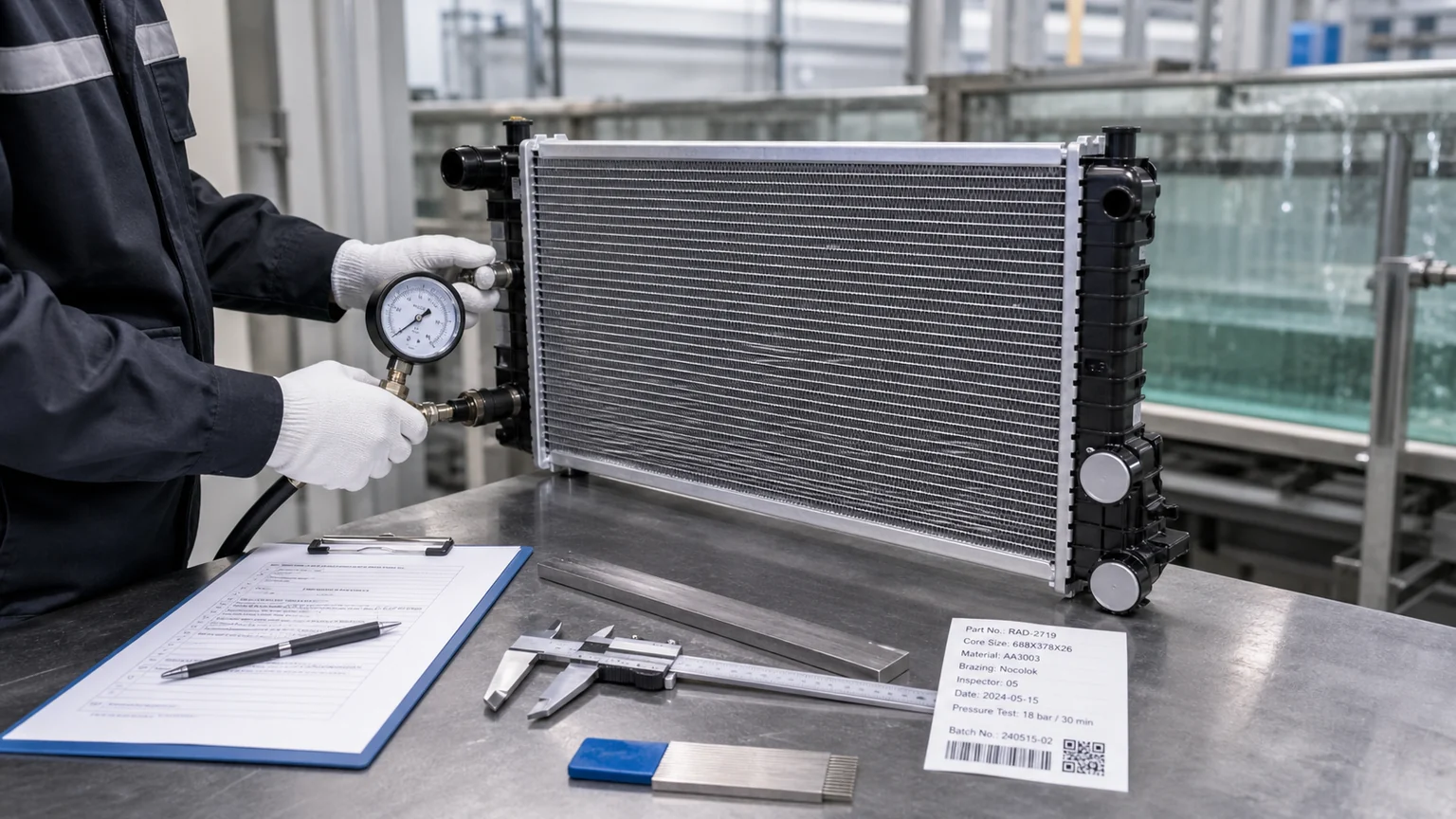 Brazed automotive radiator core and receiving-quality inspection with pressure test, fin check and batch label
