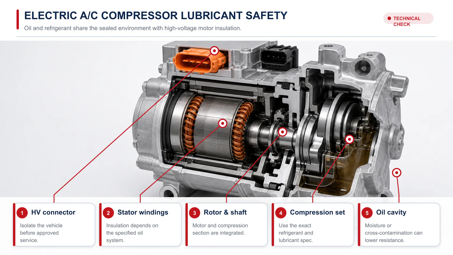 Opengewerkte weergave van een elektrische hoogspannings-AC-compressor met connector, statorwikkelingen, rotor, compressiegedeelte en olieholte