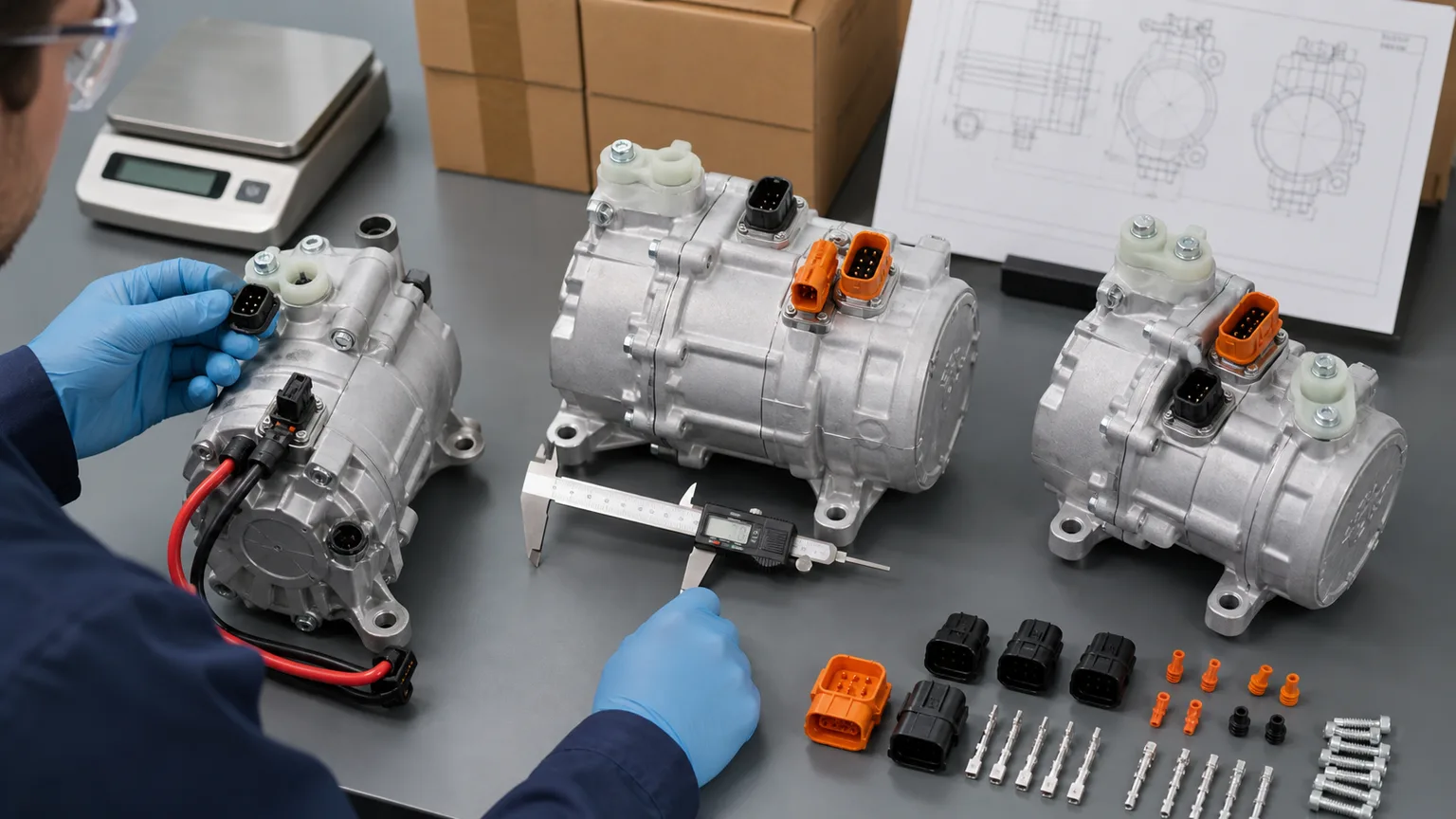 Electric AC compressor receiving inspection with low-voltage and high-voltage units, controlled drawings, connector gauges, capped ports and traceable packaging