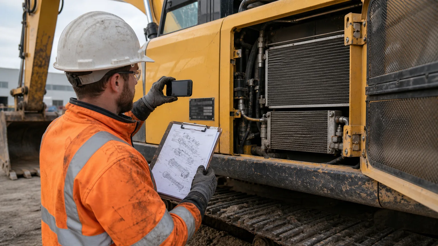 Technician verifying a Hyundai excavator machine identification plate against a parts diagram while the cooling compartment is safely opened