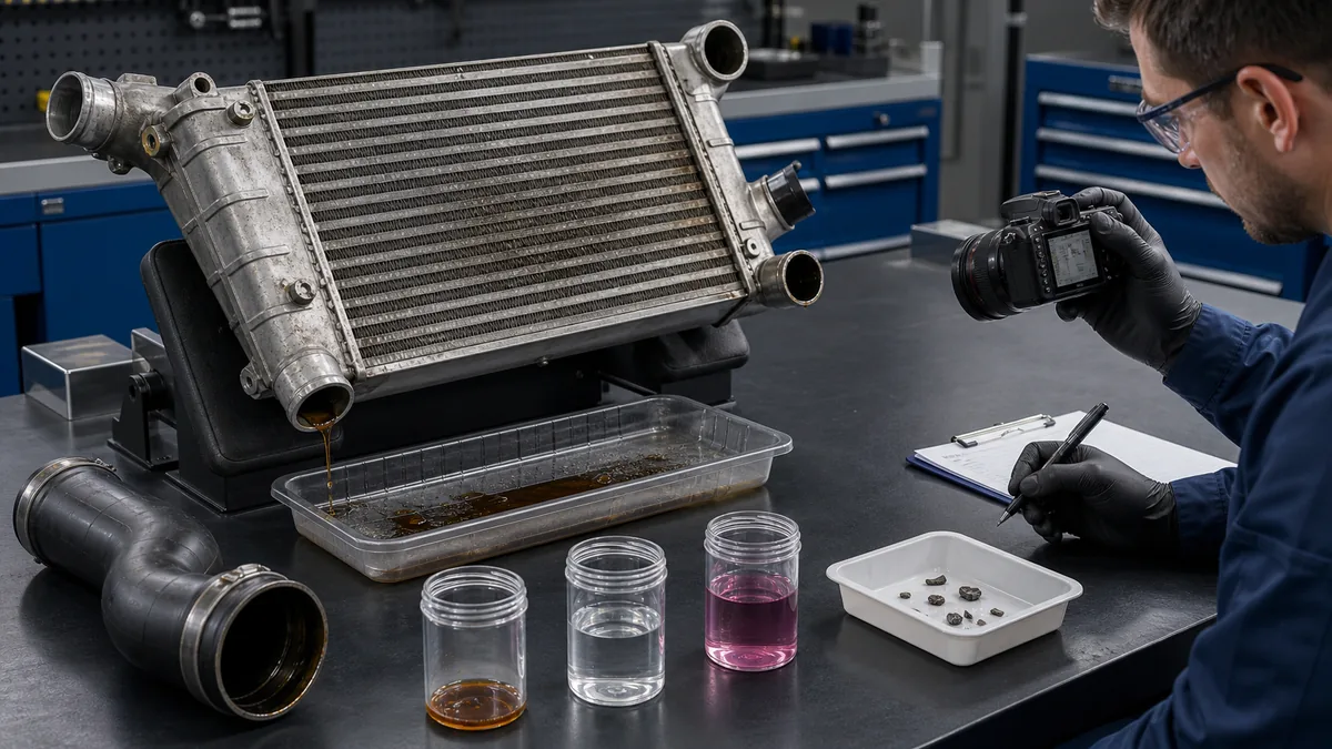 Charge air cooler internal contamination inspection with separated oil condensate coolant and debris samples
