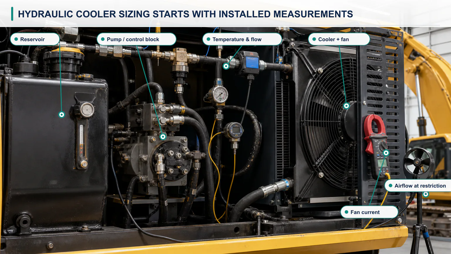 Hydraulic heat balance from input power and useful work through system losses and oil heat load to cooler duty